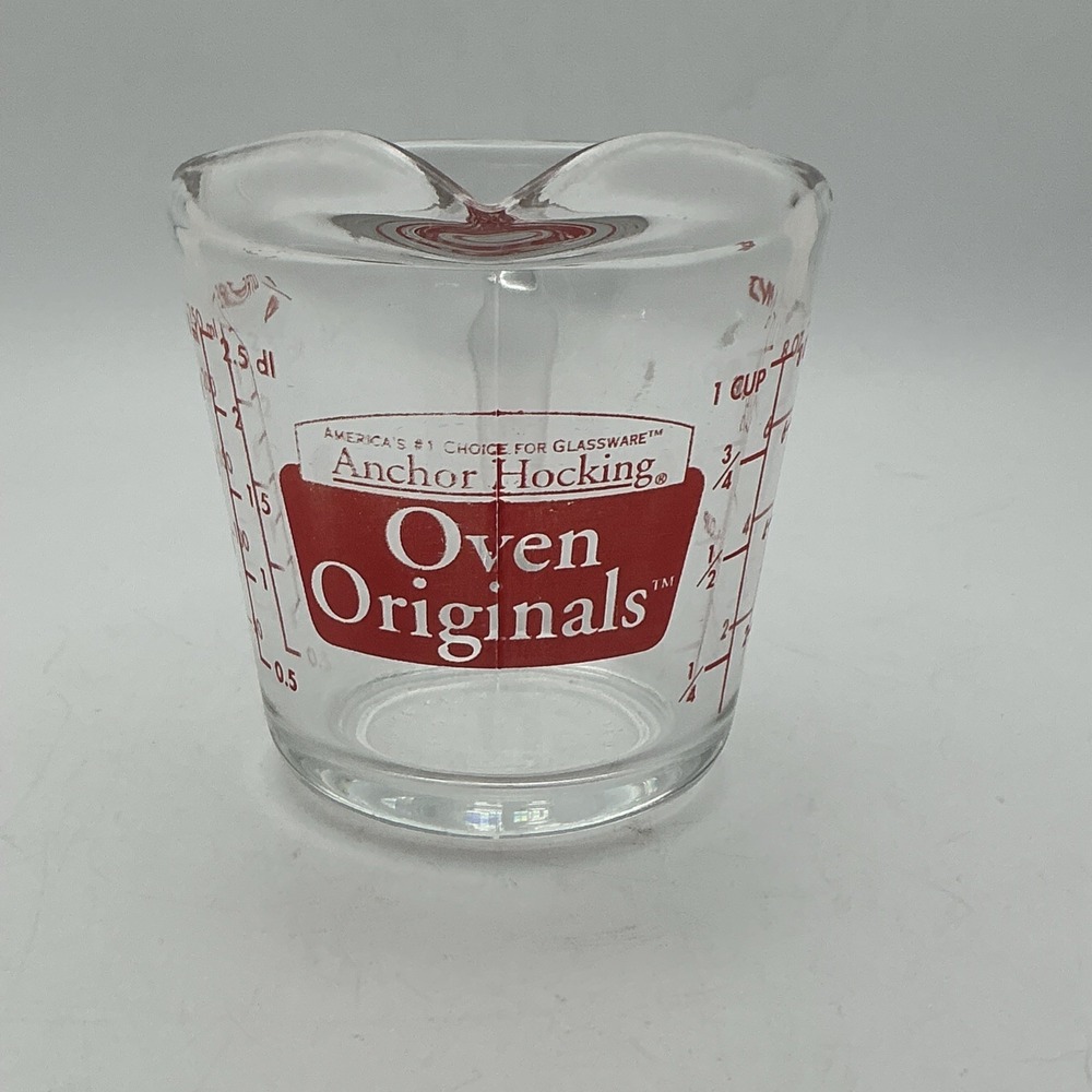 Vintage Anchor Hocking Oven Basics #496 Red Print 1 Cup/8 oz Glass Measuring Cup